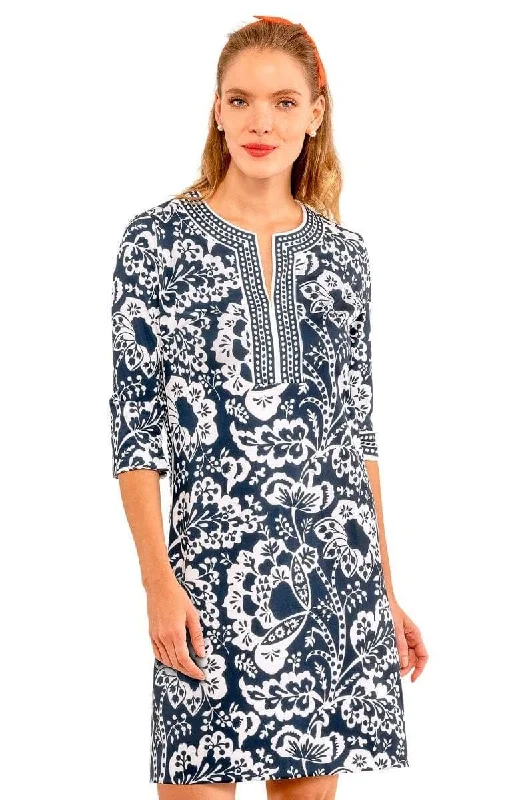 Women’s denim dresses for casual chic -Gretchen Scott Split Neck Flora Dress - Navy