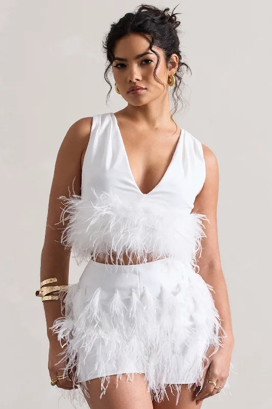 Women’s high-neck tops for stylish warmth -Main Stage | White Plunge-Neck Crop Top With Feather Trim