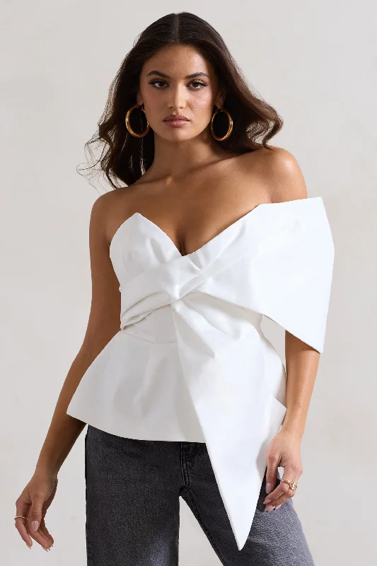 Women’s kimono sleeve tops for trendy style -Mayfair | White Asymmetric Bardot Top With Peplum Hem