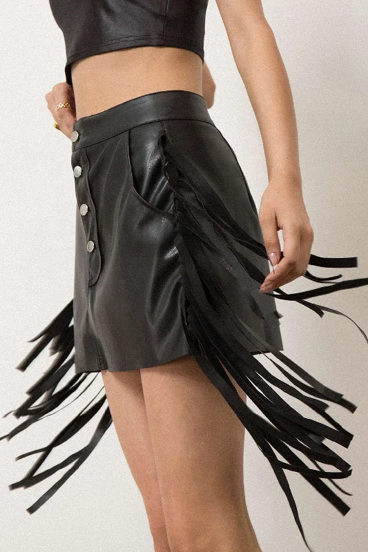 Women’s A-line dresses for flattering shape -Faux Leather Button Fringe Trim Mini Skirt