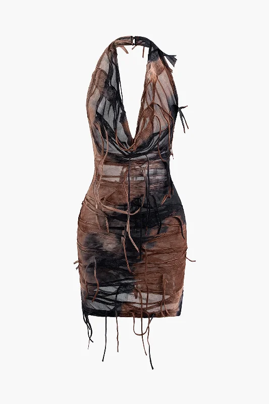 Women’s short bodycon dresses for fun, flirty look -Halter Backless Distressed Mini Dress