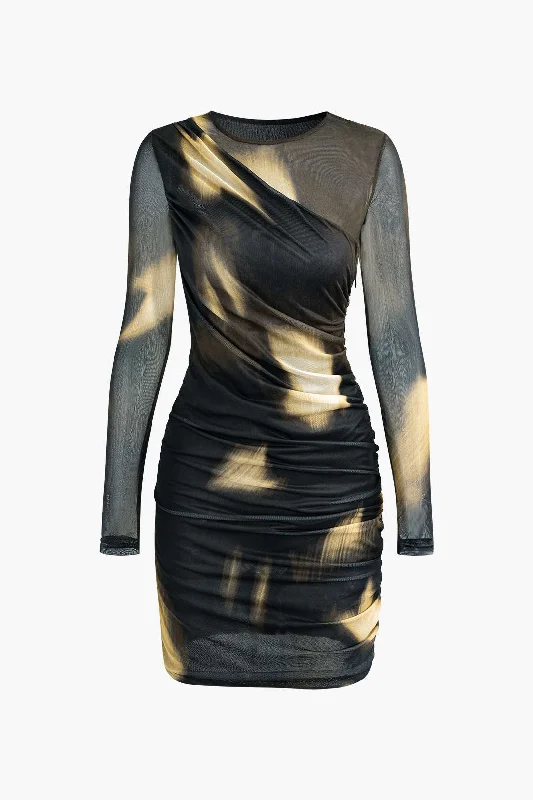 Women’s v-neck dresses for elegant touch -Tie Dye Ruched Mesh Long Sleeve Mini Dress