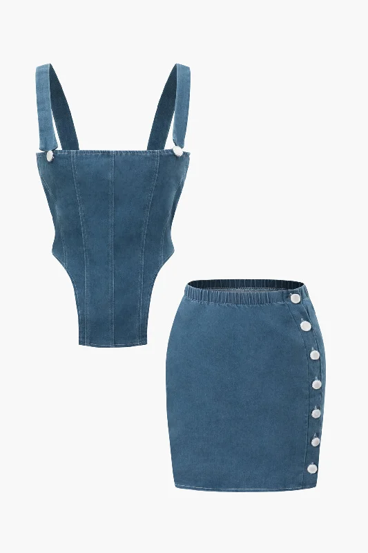 Women’s beach dresses for seaside elegance -Denim V-Shaped Cami Top And Button Mini Skirt  Set