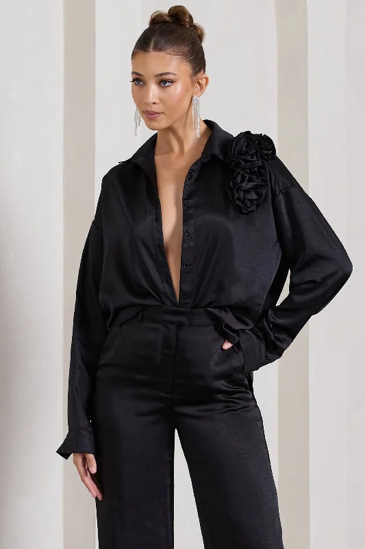 Women’s zipper-front tops for easy wear -Rosanna | Black Satin Oversized Shirt With Flowers