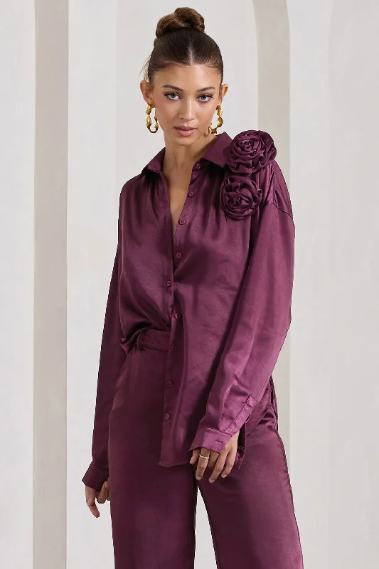 Women’s fleece-lined tops for extra warmth -Rosanna | Burgundy Satin Oversized Shirt With Flowers