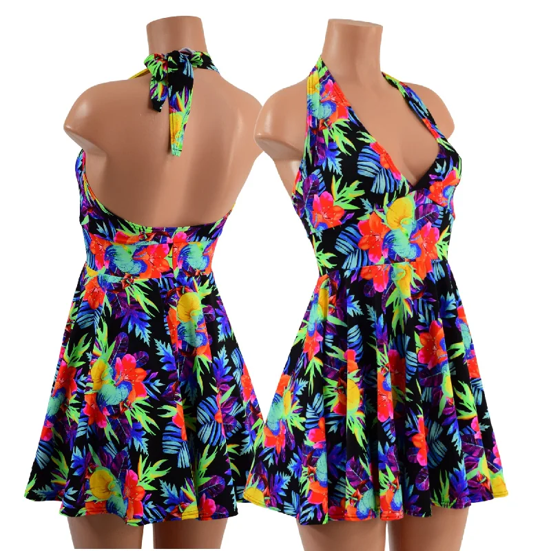 Women’s casual dresses for everyday wear -Sonic Bloom UV Glow Halter Skater Dress