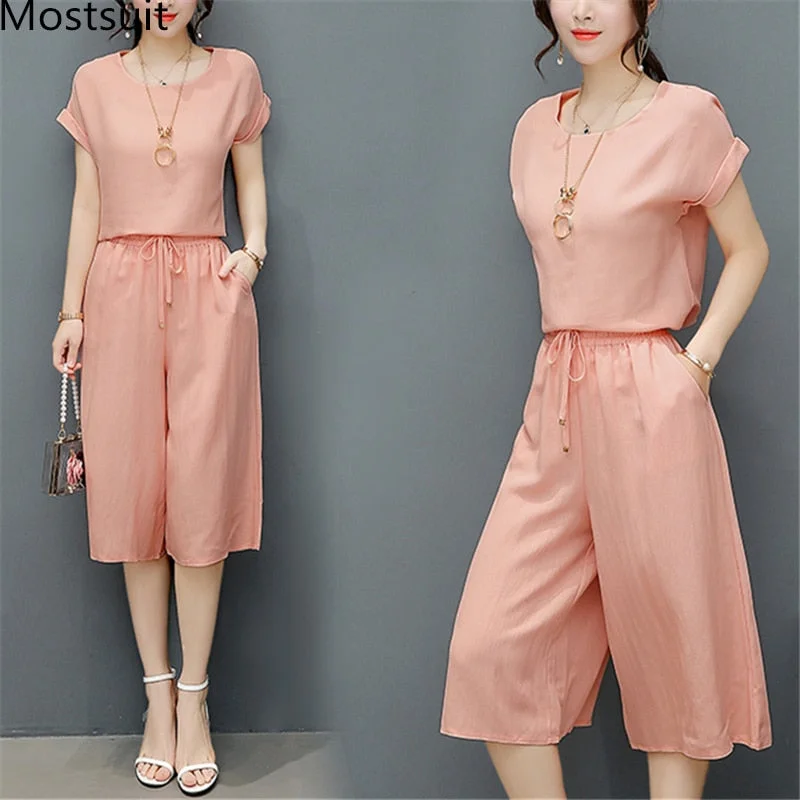 Women’s casual dresses for everyday wear -Summer Two Piece Sets  Short Sleeve Tops And Cropped Wide Leg Pants