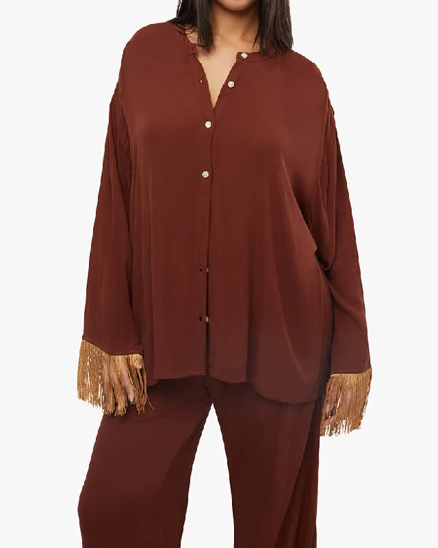 Women’s asymmetrical tops for unique style -Fringe Button Up | Saddle x Suede