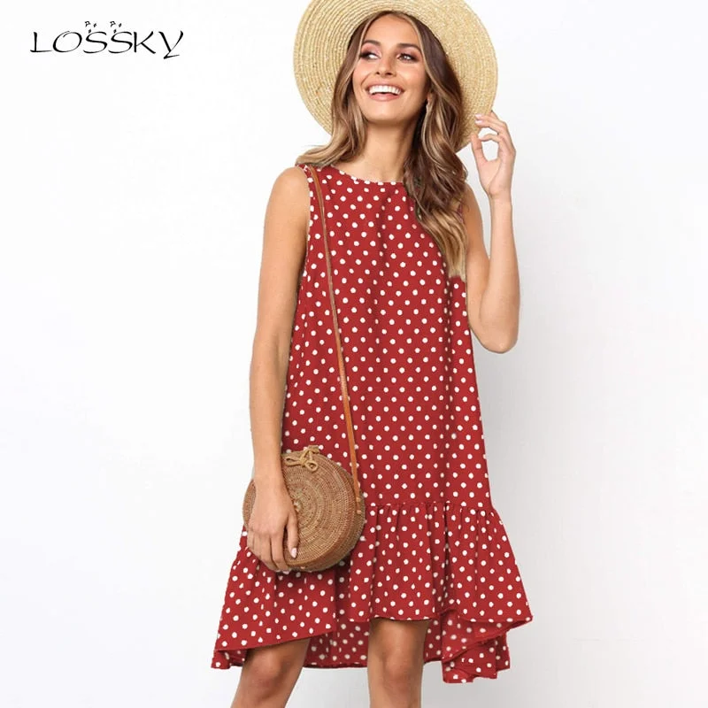 Women’s short bodycon dresses for fun, flirty look -Women Summer Dress Polka Dot Chiffon Sleeveless Beach Mini Casual Yellow Sundress