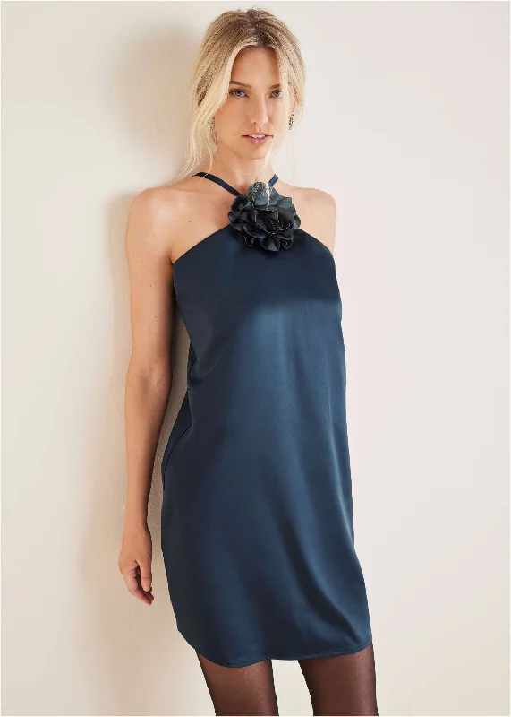 Women’s short sleeve dresses for casual wear -Rosette Halter Mini - Navy